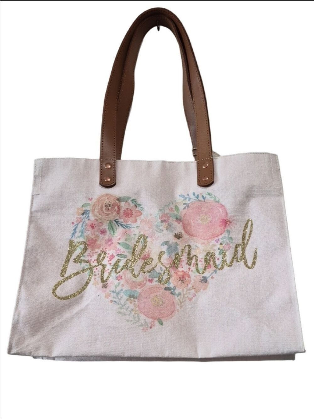 Bridesmaid tote bag with a Pink Floral Heart Design And Gold Script